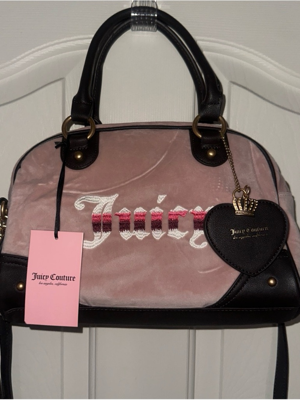 Juicy Couture Pink Velvet Dome Satchel with dark Brown Trim and Heart Charm